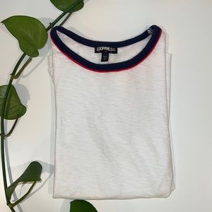 White T-shirt with blue and red lined neckline
